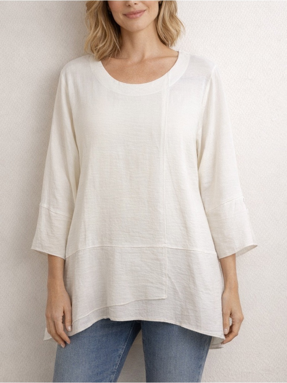 Shana White Asymmetrical Hem Top XL 3/4 Sleeve Lightweight Swing Blouse Soft